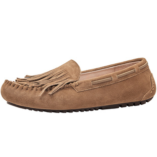 OZZEG豆豆鞋女真皮2025新款春夏秋流苏孕妇平底防滑一脚蹬船鞋