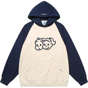 GUUKA&原田治联名美式撞钉连帽卫衣女重磅纯棉撞色拼接帽衫插肩袖