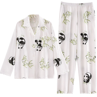 睡衣女春秋梭织纯棉长袖白色熊猫高级感家居服棉麻纱布薄款套装夏