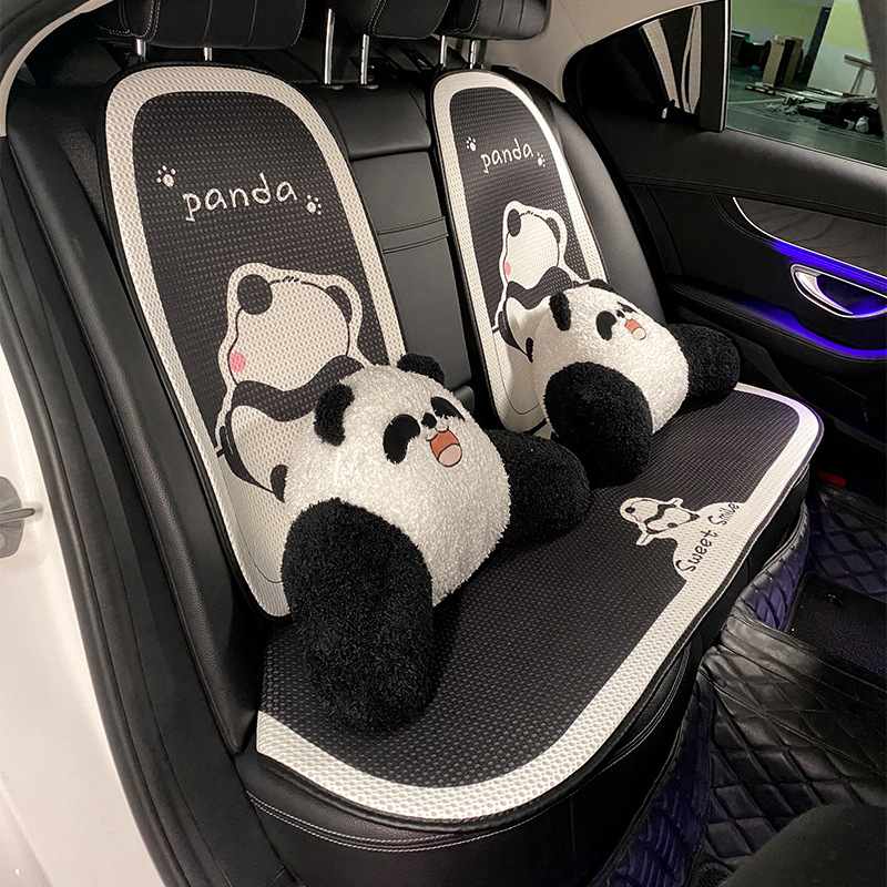 卡通熊猫汽车坐垫夏天四季通用丝头枕简约款靠车用腰冰透气款座垫
