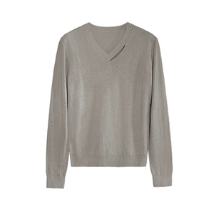 TRENDYWU 静奢人夫“美利奴”羊毛慵懒刀割V领亲肤针织打底衫毛衣