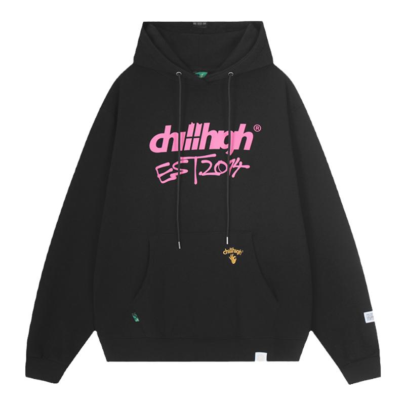 ChillHigh 黄俊捷同款手写涂鸦字 三色宽松加绒加厚保暖连帽卫衣
