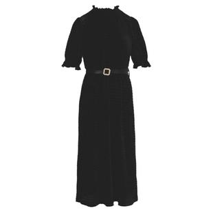 谷邦木耳边立领黑色中袖连衣裙2025夏季新款收腰高级感气质中长裙