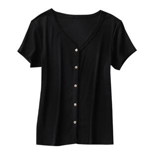 SKYINTL黑色正肩短款上衣女薄款时尚法式V领开衫针织短袖t恤女夏
