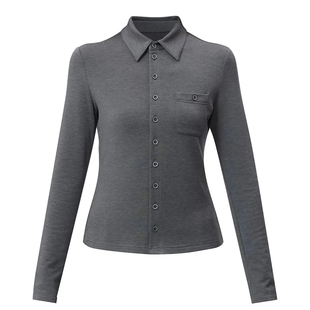 Girdear/哥弟女装秋季翻领纯色衬衫女长袖通勤打底薄款1300820