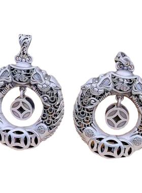 新款999纯银双龙戏珠吊坠男女复古民族风生肖龙圆牌挂件个性小众