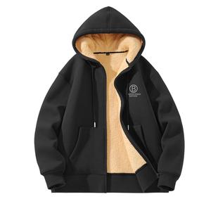 班尼路羊羔绒外套男秋冬款加绒加厚450g重磅黑色连帽夹克开衫卫衣