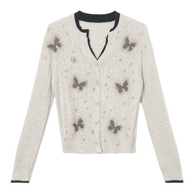 TCH春款修身V领假两件撞色烫钻蝶晕星芒针织衫上衣女T78A09E1056