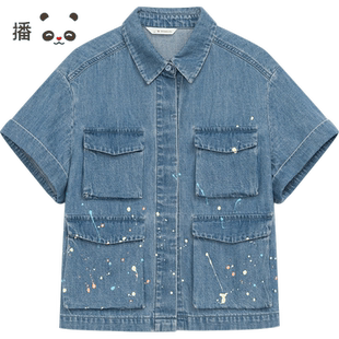 播broadcute童装时尚口袋装饰彩色点牛仔短袖衬衫KGR2C796
