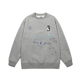 GUUKA潮牌花灰色猫咪珠链圆领卫衣女款 加绒加厚字母刺绣正肩上衣