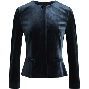 [摩登复古格调]LANDI深灰蓝丝绒圆领短外套女套装2025秋冬新品