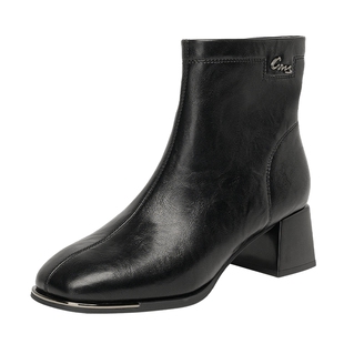 戈美其2025新款秋冬靴子短靴女加绒弹力瘦瘦靴法式气质方头马丁靴