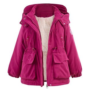 女童冬季夹棉派克服加绒保暖棉服初中生中长款连帽棉衣收腰褂子潮