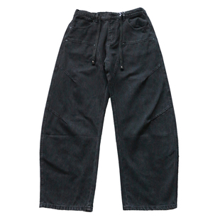 秋季美式痞帅重磅伐木黑色工装牛仔裤男直筒宽松抽绳阔腿弯刀长裤