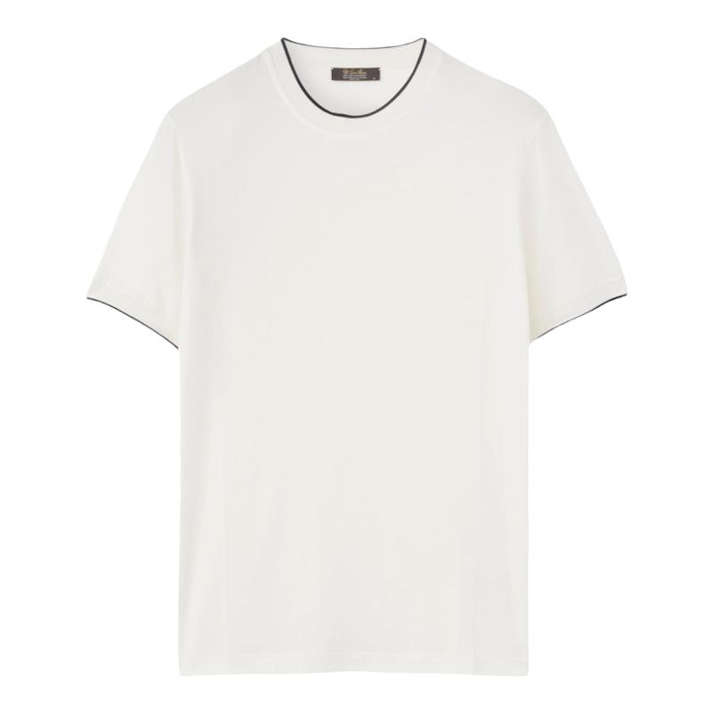Loro Piana/诺悠翩雅男装撞色边白色棉质简约百搭休闲T恤