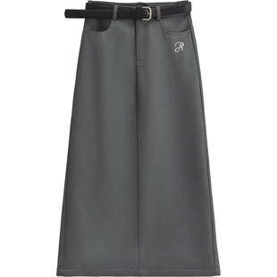 美式高校学姐风字母刺绣腰带高腰后开叉半身裙优雅气质西装长裙女