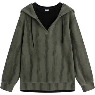 万有引力博物馆 假两件连帽卫衣女春秋款2025年新款宽松秋装上衣