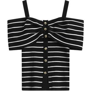 KBNE2025年新款夏季短袖一字领薄款针织衫条纹宽松修身黑色上衣女