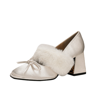 白色毛毛鞋女加绒秋冬季2025新款法式高跟鞋蝴蝶结配旗袍单鞋粗跟