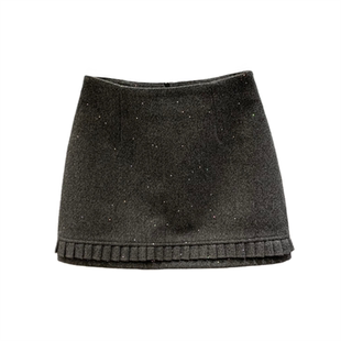 小香风亮片褶皱花边毛呢半身裙女2026年秋冬新款高腰a字包臀短裙