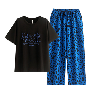 悦内睡衣女款夏季夏天纯棉短袖长裤家居服休闲时尚豹纹高级感套装
