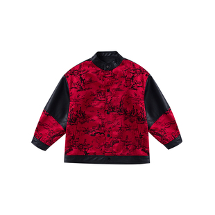 儿童街舞潮服男女孩子中国风红色皮衣嘻哈hiphop架子鼓走秀演出服