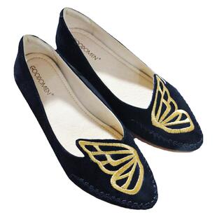 歌迈新中式平底单鞋女羊皮蝴蝶刺绣舒适真皮软底奶奶鞋一脚蹬女鞋