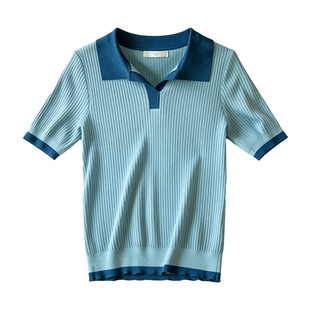 蓝色冰丝短袖针织衫女2026年夏季新款Polo领薄款t恤撞色收腰上衣
