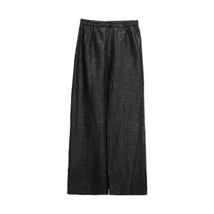 艾绘馆新中式黑色香云纱龟裂纹真丝直筒裤女夏季休闲松紧高腰长裤
