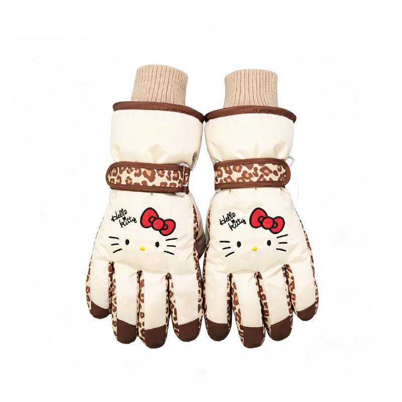 三丽鸥HelloKitty冬季滑雪手套豹纹女士可爱骑电动车防水防寒保暖