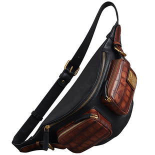 HANMIIS头层牛皮复古真皮单肩斜挎包B6鳄鱼纹胸包骑行男包休闲包