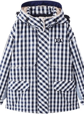 有兰牛仔拼接格纹连帽棉服