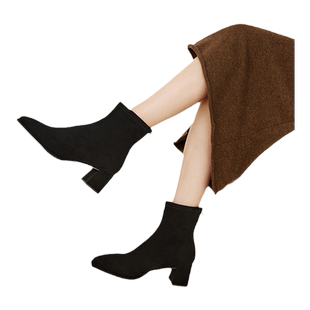 natursun高跟短靴女冬季法式绒面气质小裸靴女靴瘦瘦靴黑色弹力靴