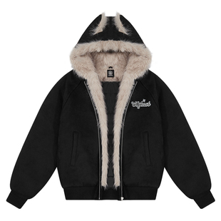 404MOB猫耳朵加绒连帽座山雕麂皮外套棉服女冬季新款保暖加厚棉袄