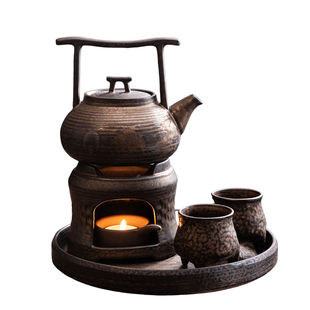 陶迷鎏金铁釉廊桥提梁壶蜡烛温茶炉一壶两杯小套装家用泡茶壶茶具