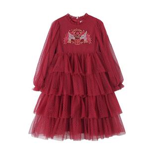 女童连衣裙红色网纱公主裙儿童拜年服大童新年衣服裙子网纱裙女
