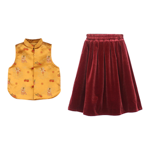 大耳象女童旗袍马甲丝绒半裙冬款宝儿拜年新中式织锦加厚保暖上衣