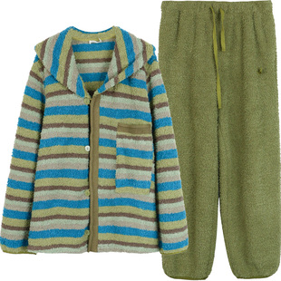 朵朵可可秋冬季新款条纹半边绒羽毛绒长袖睡衣男家居服套装