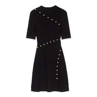 Maje秋冬女装经典时尚黑色纽扣装饰圆领套头收腰短款针织连衣裙