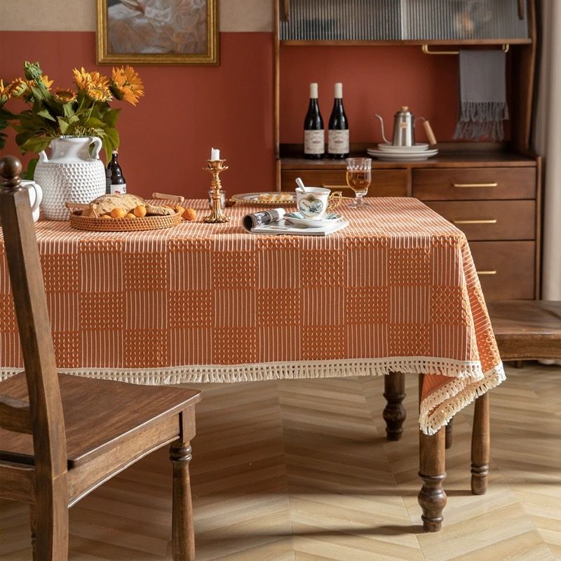 美式乡村风编织加厚流苏餐桌布提花布艺桌布轻奢高级感长方形台布