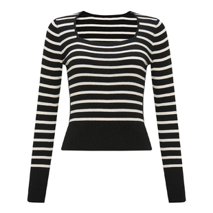 Petit Bari方领条纹针织衫女 短款露腰修身显瘦显锁骨上衣 春夏