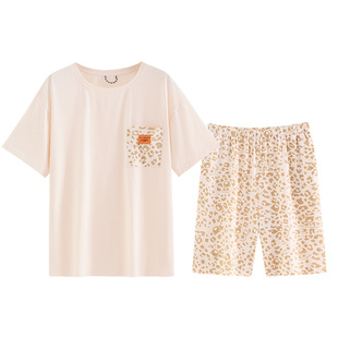 女款睡衣夏季夏装纯棉短袖短裤豹纹家居服夏天套头休闲可外穿套装