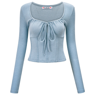 Go Girl Go 自制欧美简约U领系带超长袖T恤女短款修身打底衫上衣