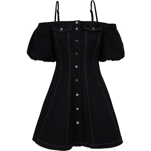 ONLY2025夏季新款莱卡显瘦一字领花苞袖吊带牛仔裙短裙连衣裙女