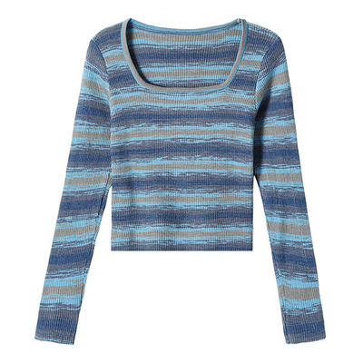 设计感条纹方领上衣女装秋季长袖