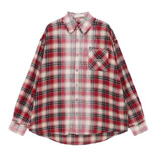 披荆斩棘的哥哥石凯同款洗水磨毛渐变格子衬衫休闲宽松长袖衬衣男