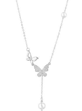 银色蝴蝶项链女小众颈链流苏