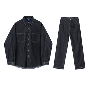 MRCYC痞帅水洗翻领牛仔夹克套装男春季韩系直筒阔腿牛仔裤两件套