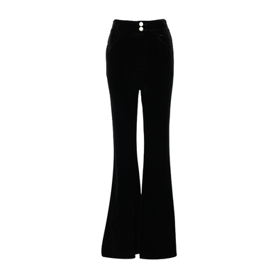 DPLAY2025年冬季新款黑色丝绒收腰长裤时尚好看气质微喇裤女