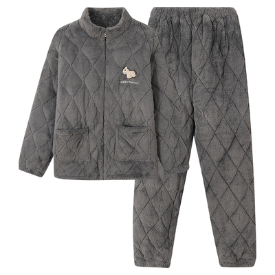 冬季睡衣男款珊瑚绒三层夹棉袄保暖法兰绒冬款加厚加绒卡通家居服